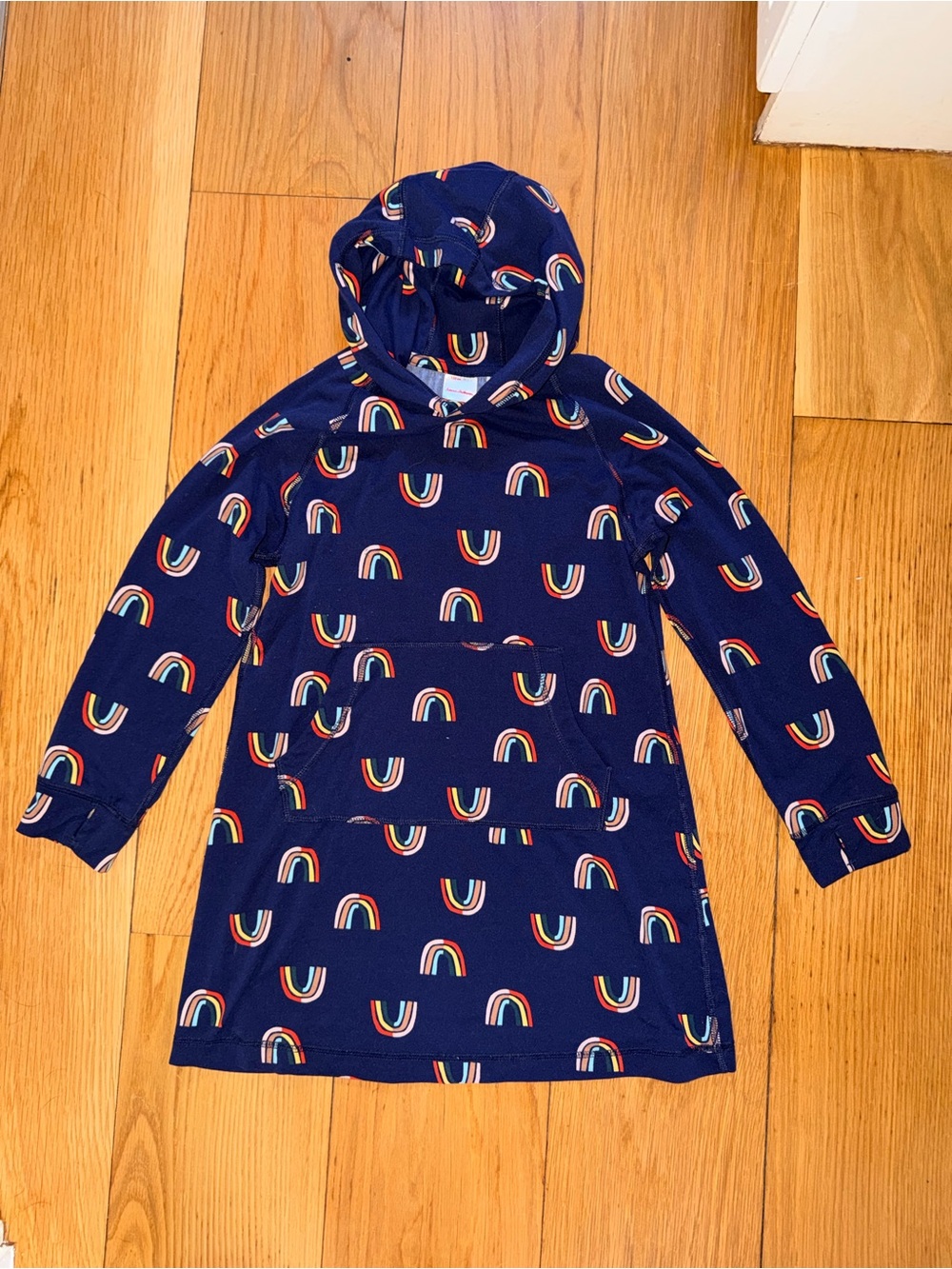 Hanna Andersson Navy Hoodie Dress with Rainbow Print